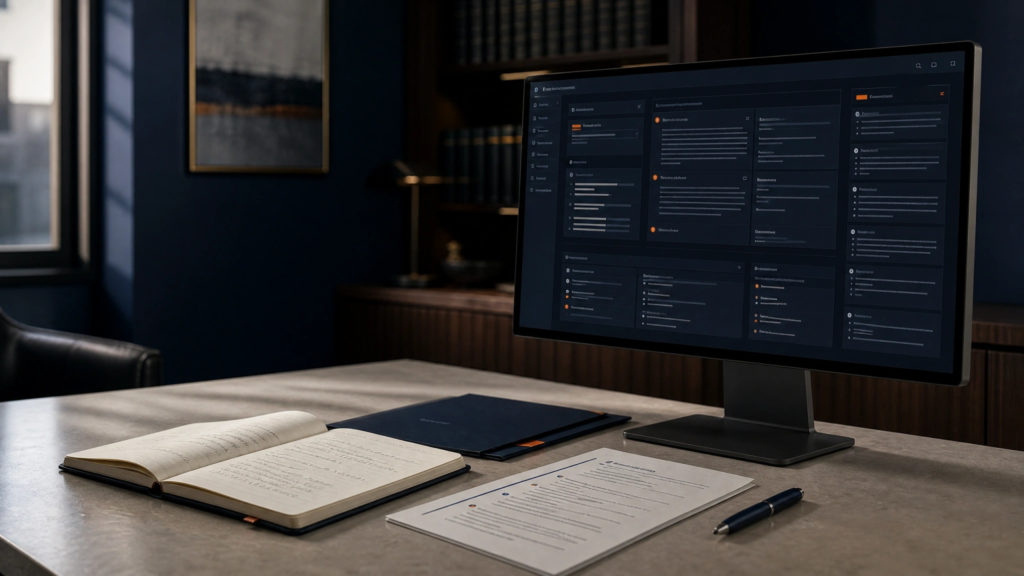 Federal legal research workspace with digital authority review, notes, and drafting materials